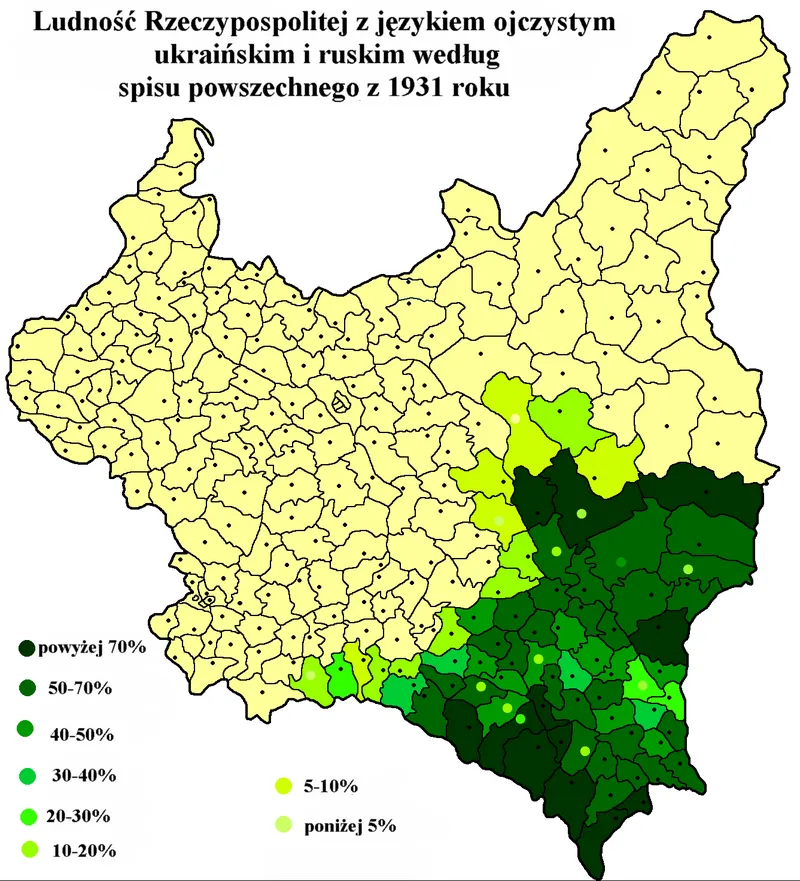 Gęstość ludności ukraińskojęzycznej i rusińskiej na terenie II Rzeczypospolitej według spisu z 1931 roku