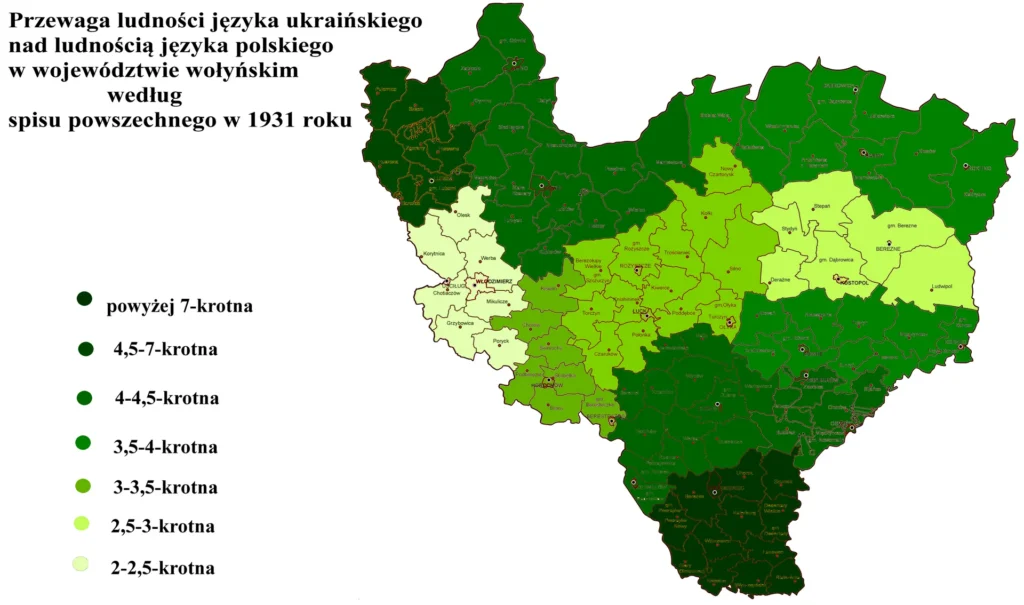 Stosunek liczby ludności ukraińskojęzycznej do polskojęzycznej w województwie wołyńskim na podstawie spisu z 1931 roku