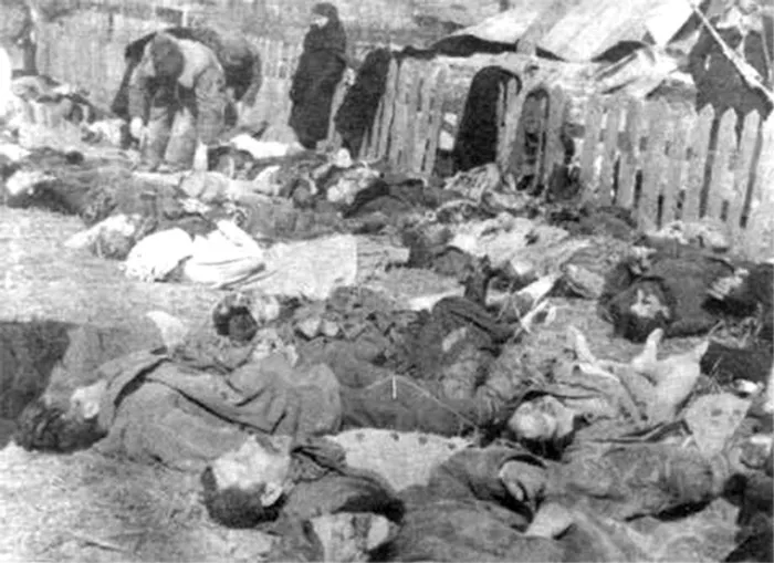Ciała polskich cywilów zamordowanych podczas Rzezi Wołyńskiej w 1943 roku – ofiary zbrodni UPA. | Rzeź Wołyńska