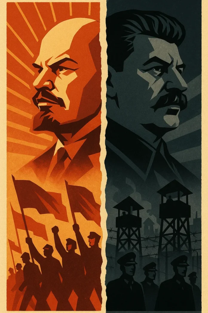 Plakat stylizowany na XX wieczne plakaty propagandowe ma on symboliozwać stalinizm i leninizm